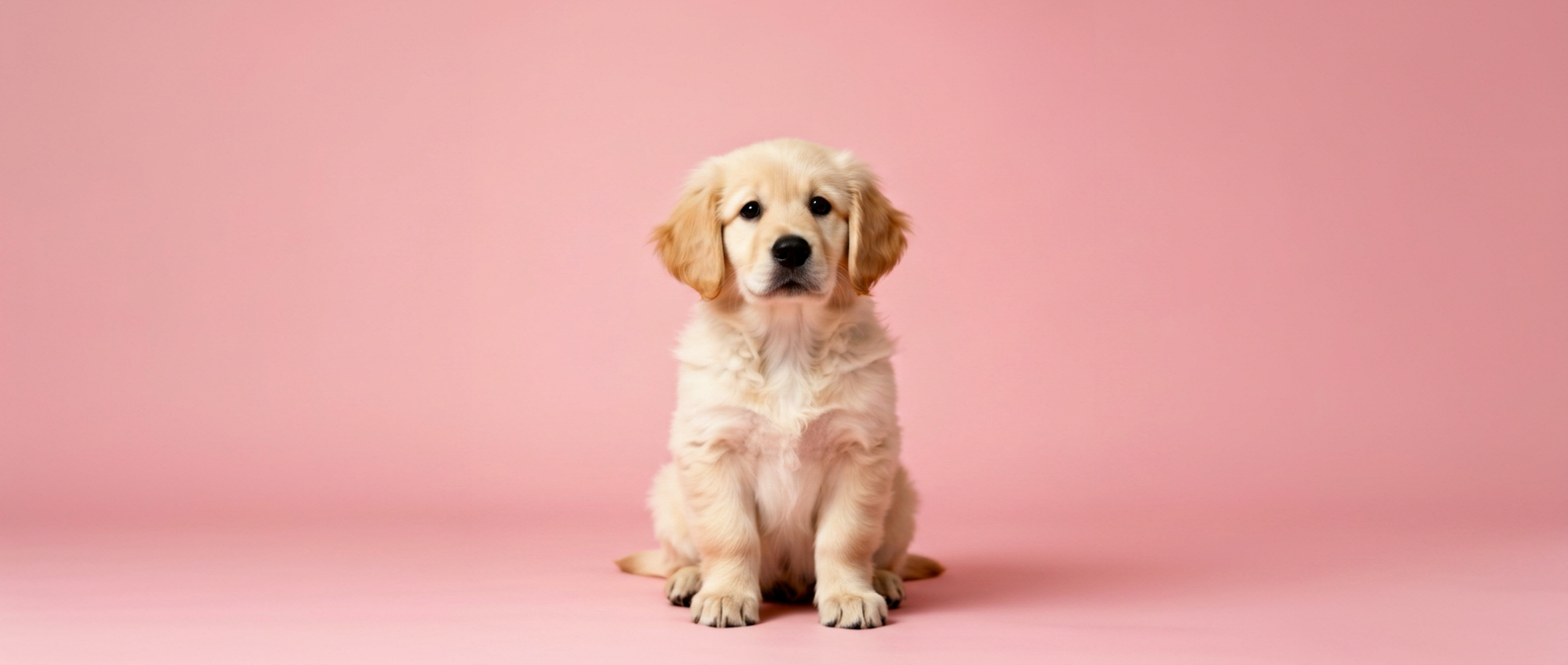 Front-facing studio portrait of a fluffy golden retriever puppy against a soft pink backdrop