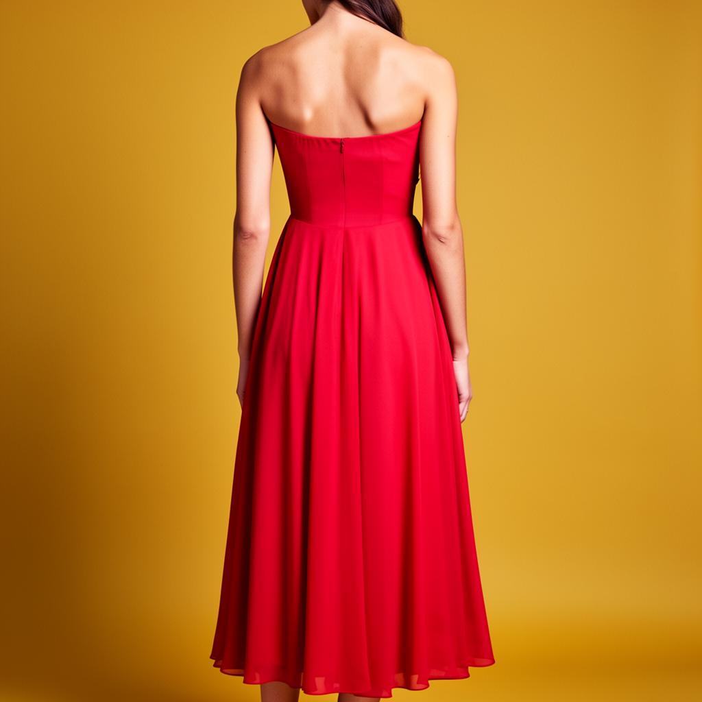 Studio fashion portrait from behind of a woman in a flowing red midi dress against a mustard-yellow backdrop